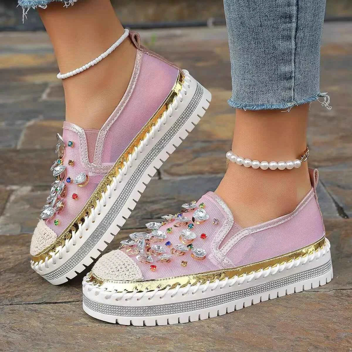 Rhinestone Decor Platform Loafers