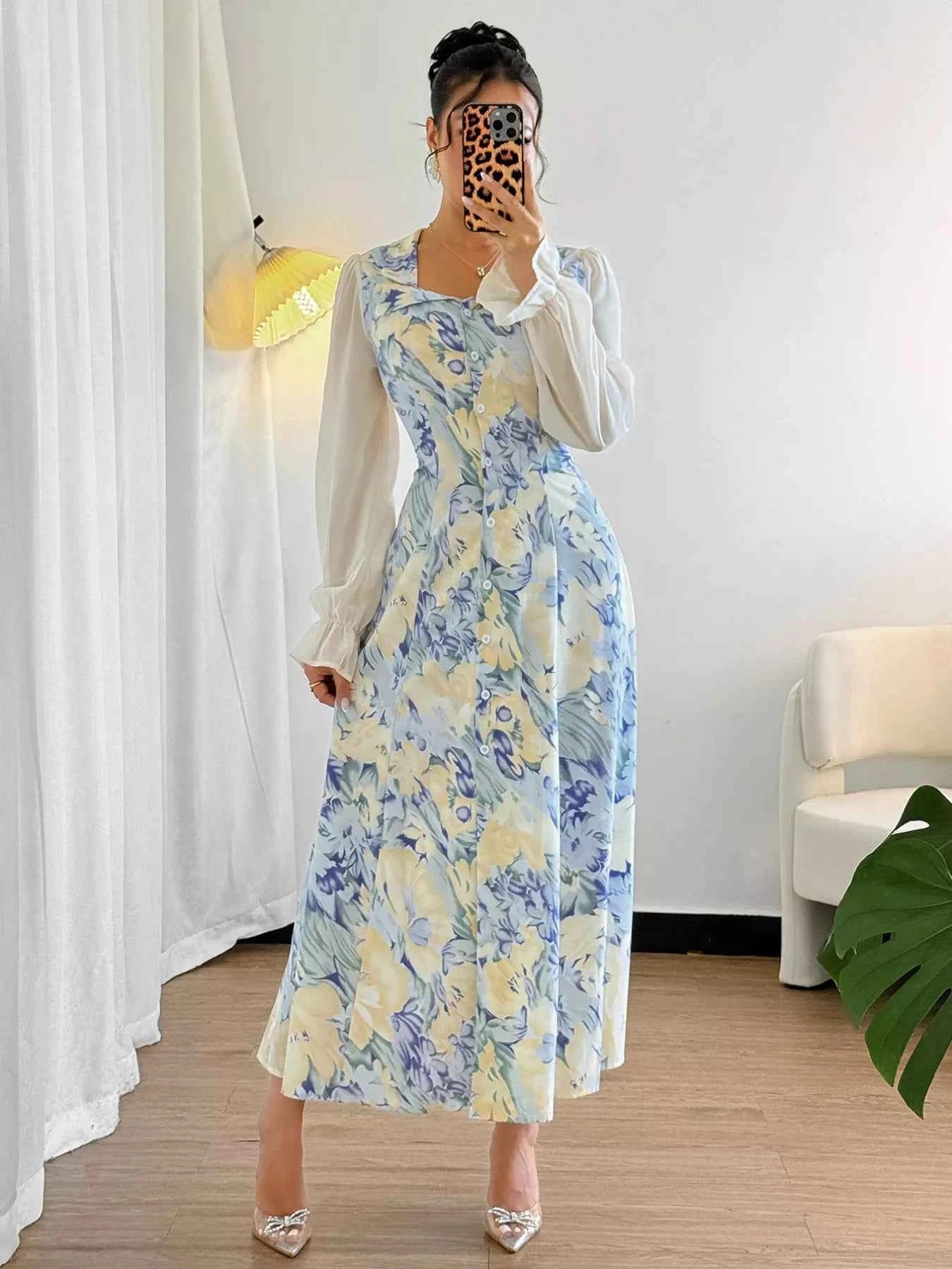 Floral Print Sheer Flounce Sleeves Dress