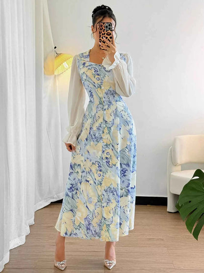 Floral Print Sheer Flounce Sleeves Dress