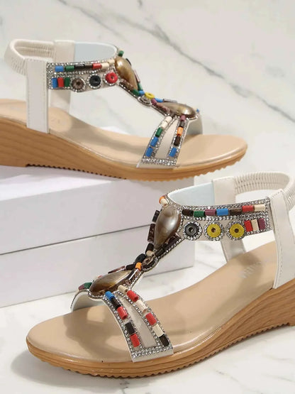 Bohemian Beaded T-Strap Wedge Sandals