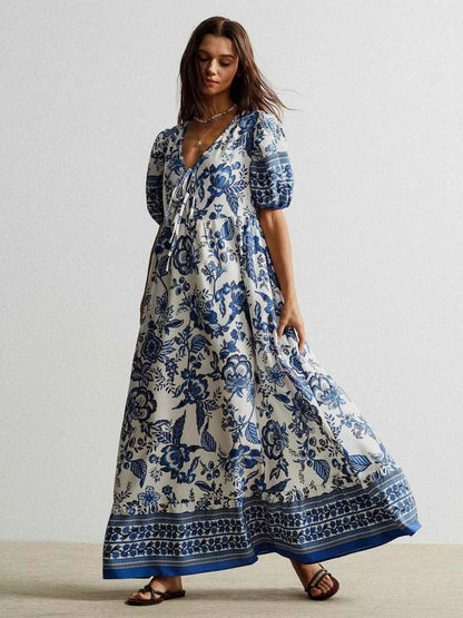Floral Print Tie-Neck Puff Sleeve Maxi Dress