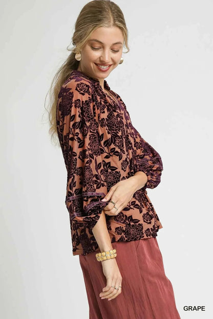 Umgee Floral Velvet Blouse with Balloon Sleeves