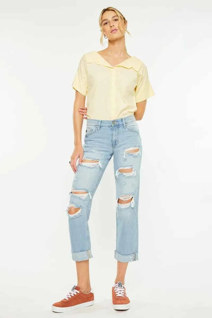 Kancan Mid Rise Distressed Boyfriend Jeans