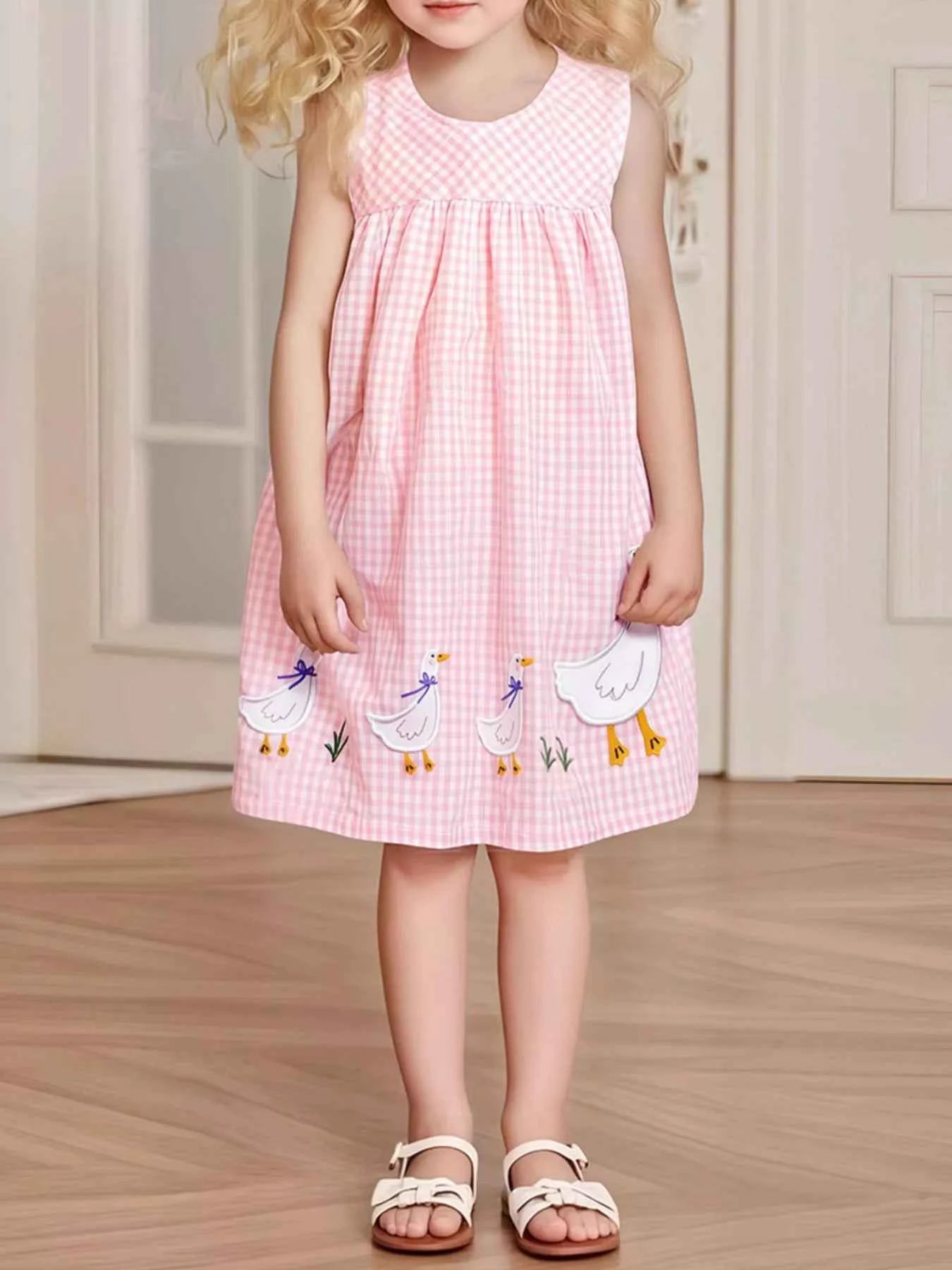 Children's Gingham Goose Embroidered Sleeveless Dress