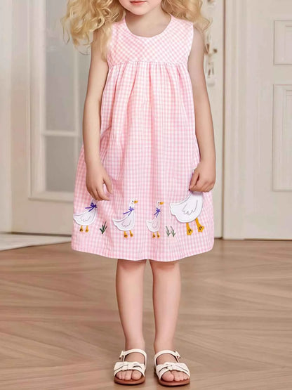 Children's Gingham Goose Embroidered Sleeveless Dress
