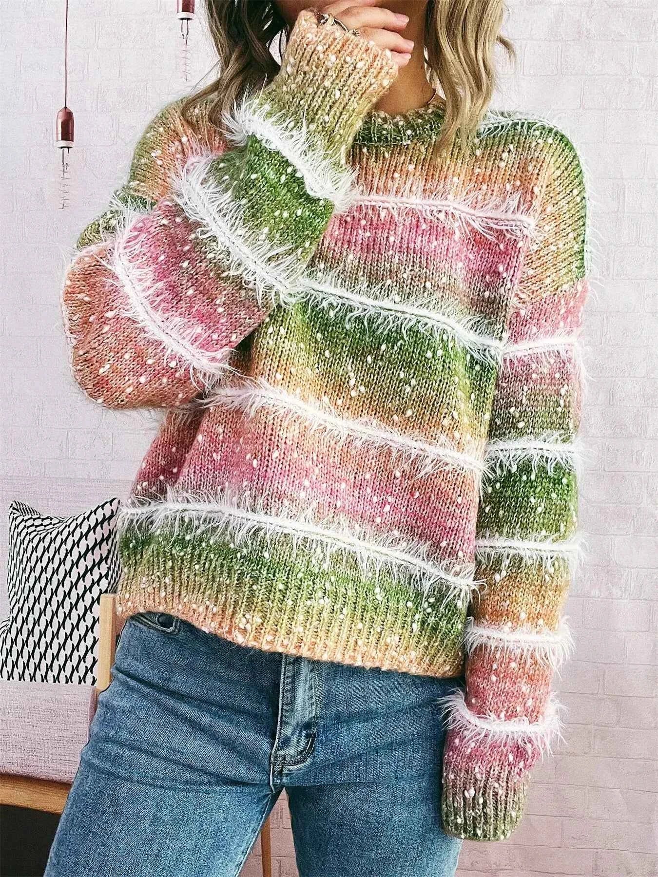 Gradient Striped Round Neck Sweater
