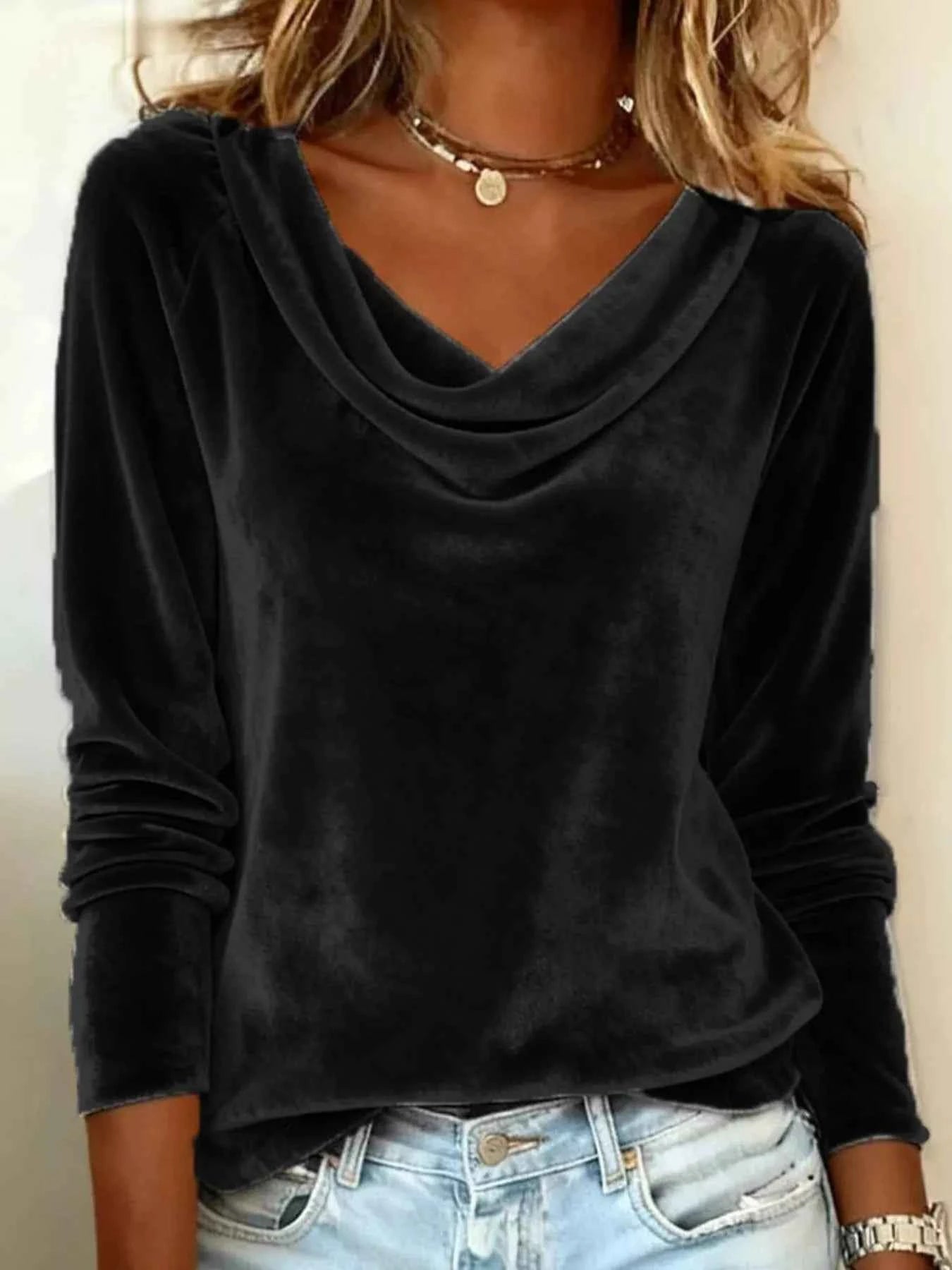 Velvet Cowl Neck Long Sleeve T-Shirt