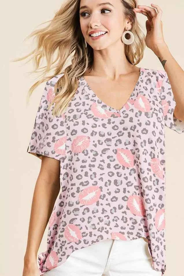 BiBi Leopard Lips Print Top V Neck Top