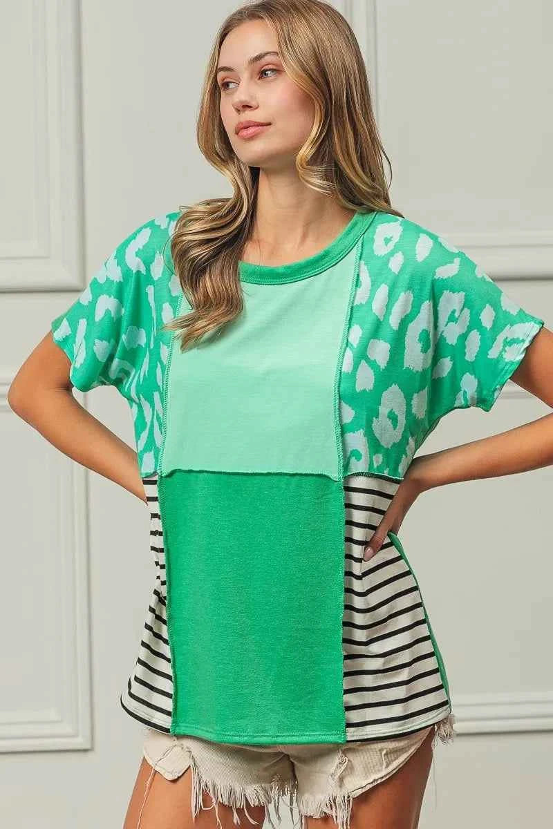 BiBi Leopard and Stripe Color Block Top With Exposed Seam
