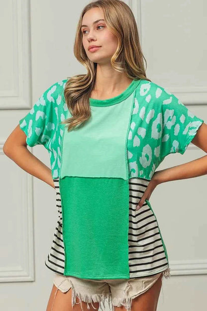 BiBi Leopard and Stripe Color Block Top With Exposed Seam