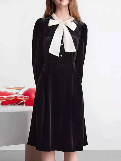 Velvet Bowknot Long Sleeve A-Line Dress