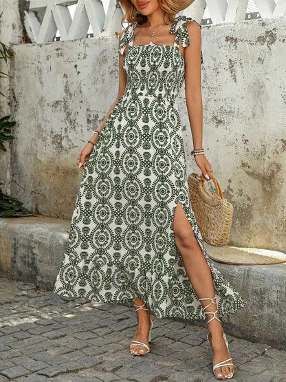 Smocked Slit Printed Tie Shoulder Dress