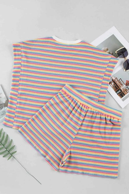 Striped Round Neck Top and Shorts Set
