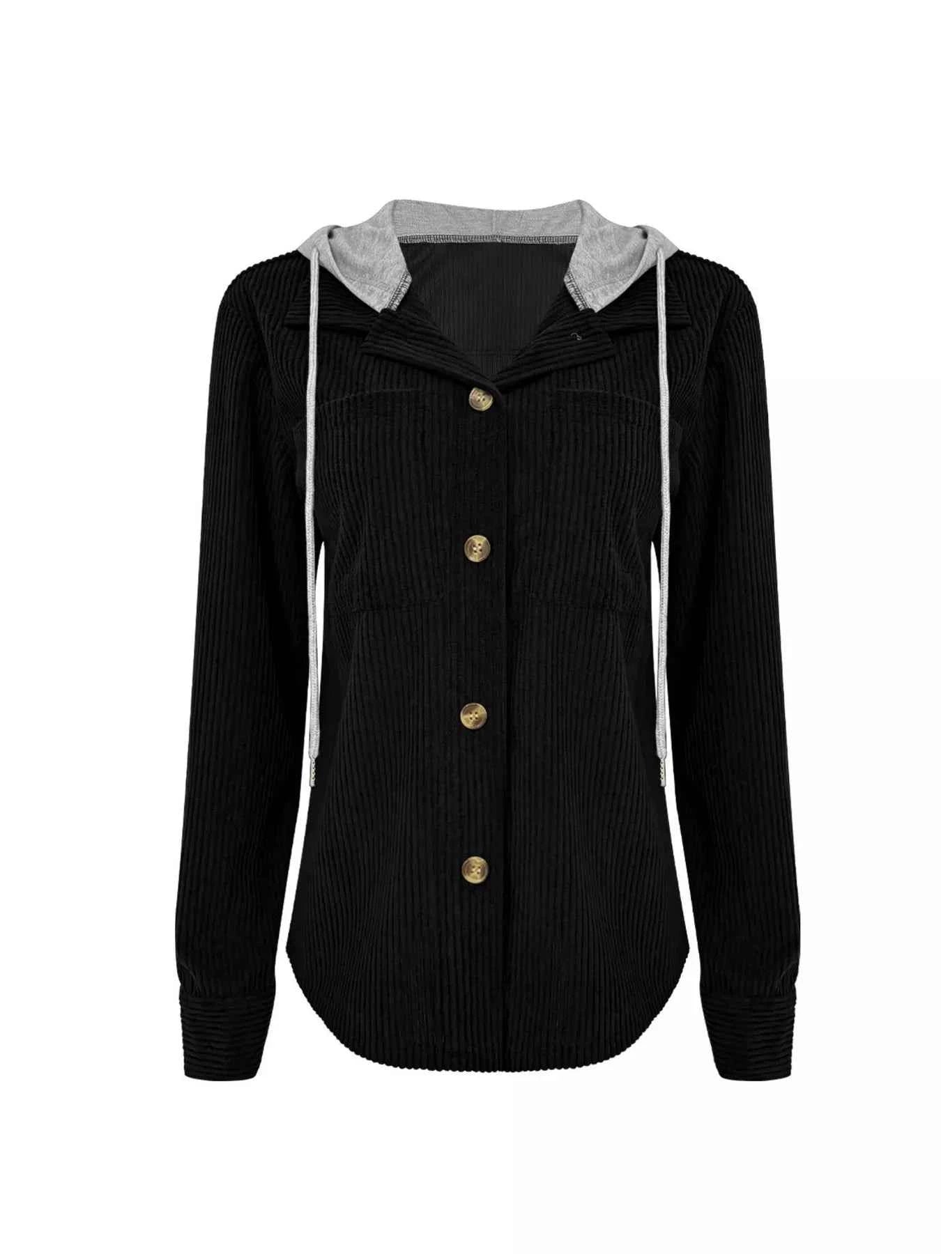 Plus Size Casual Corduroy Button-Down Hooded Jacket