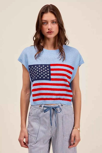 SO ME Fourth Of July American Flag Boxy Fit Sweater Top