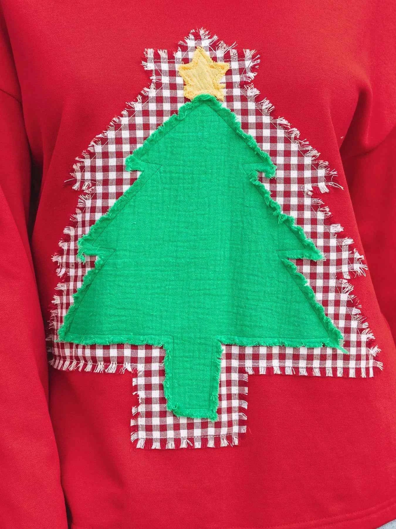 Plaid Frayed Double Christmas Tree Patched Drop Shoulder Sweatshirt