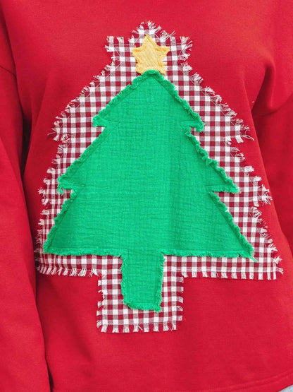 Plaid Frayed Double Christmas Tree Patched Drop Shoulder Sweatshirt