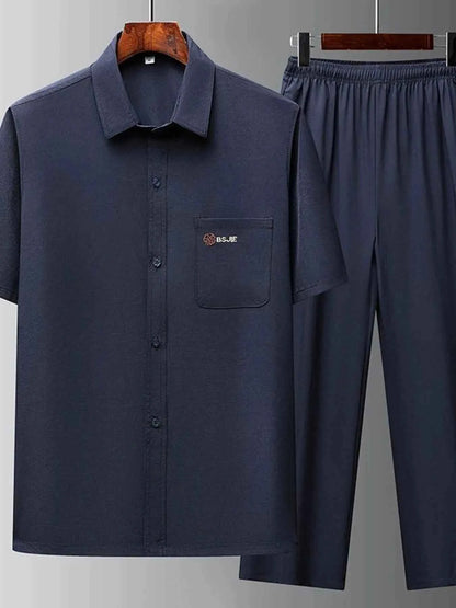 Men's Full Size Button Up Short Sleeve Top and Pants Set Plus Size