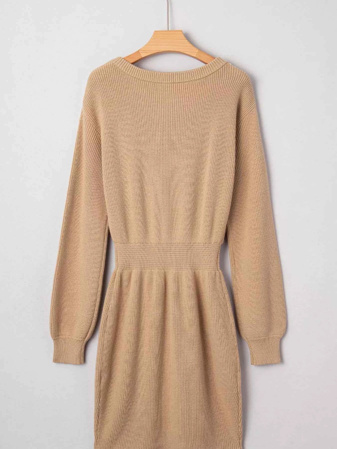 Pearl Embellished Keyhole Ribbed Sweater Dress