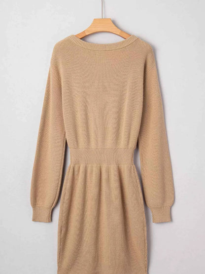Pearl Embellished Keyhole Ribbed Sweater Dress