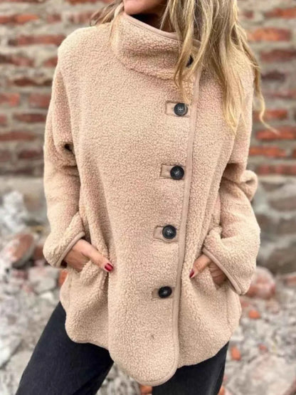 Full Size Button Up Long Sleeve Fleece Jacket Plus Size