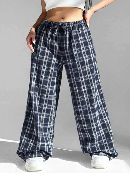 Plaid Drawstring Wide Leg Pants
