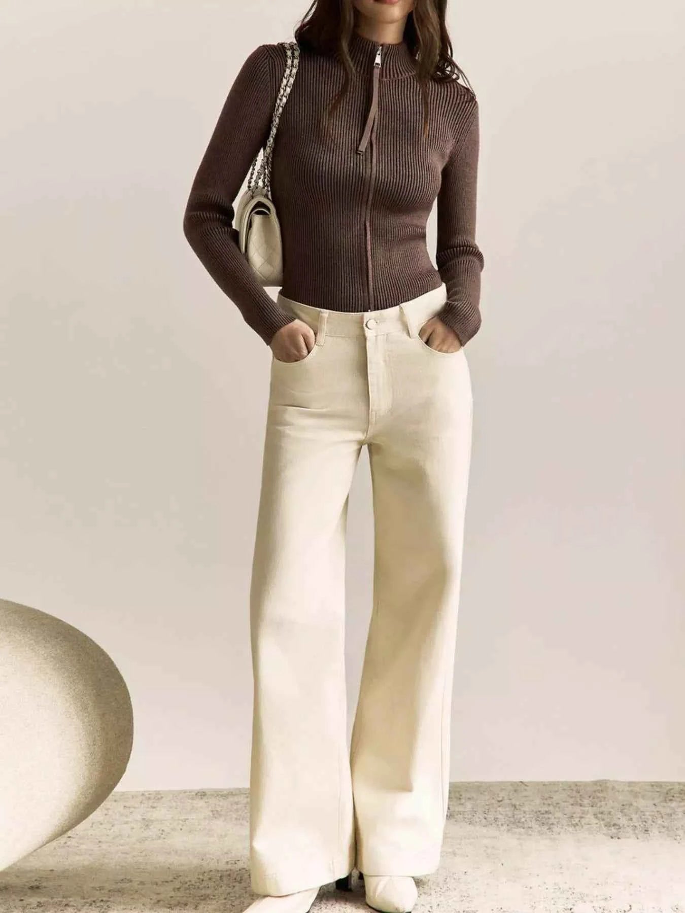 Ribbed Knit Zip-Up Cardigan