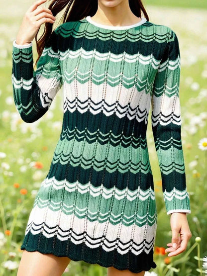 Openwork Wave Pattern Long Sleeve Sweater Dress