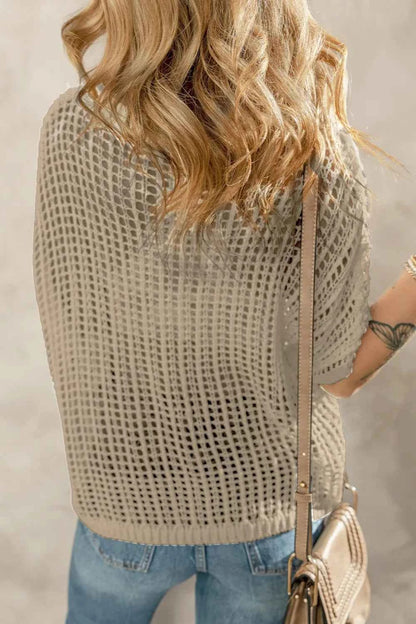 Openwork Round Neck Half Sleeve Knit Cover Up