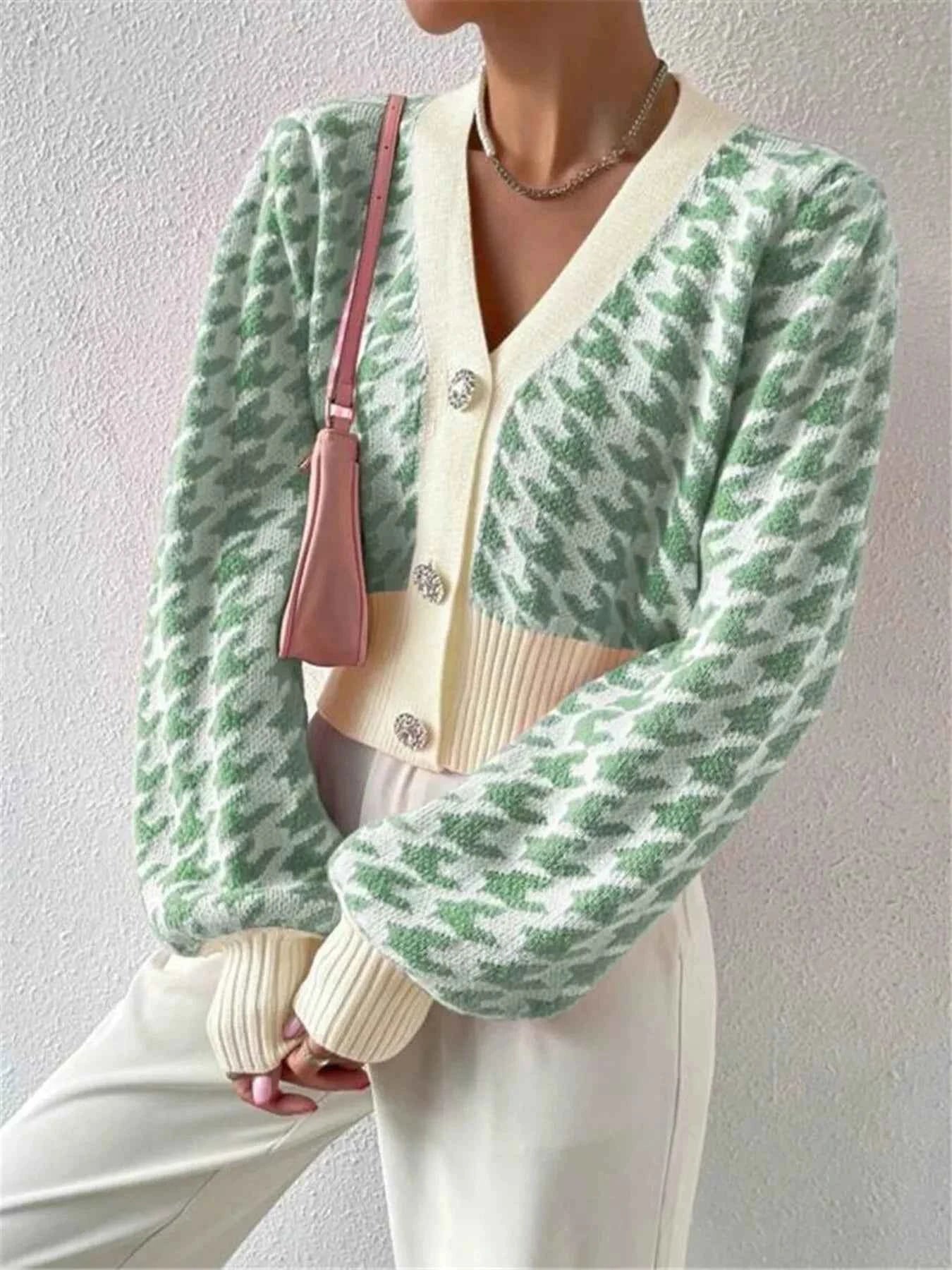 Houndstooth V-Neck Button Up Cardigan