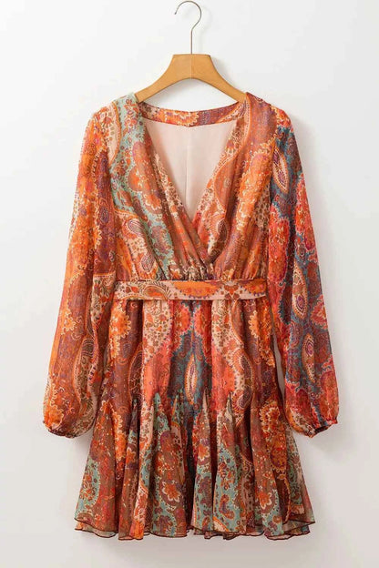 Boho Paisley Print Long Sleeve Mini Dress