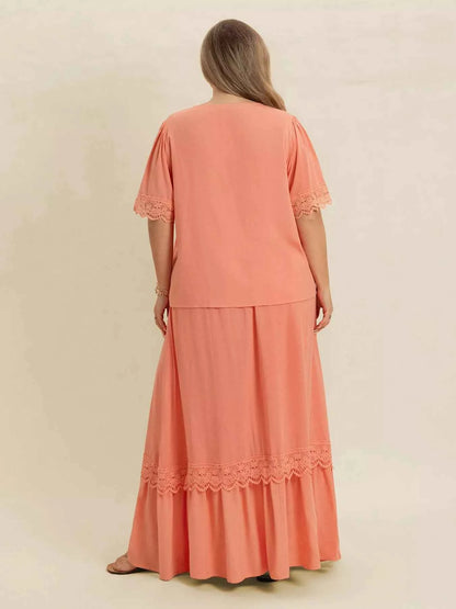 Plus Size Lace Detail Tie Neck Top and Skirt Set