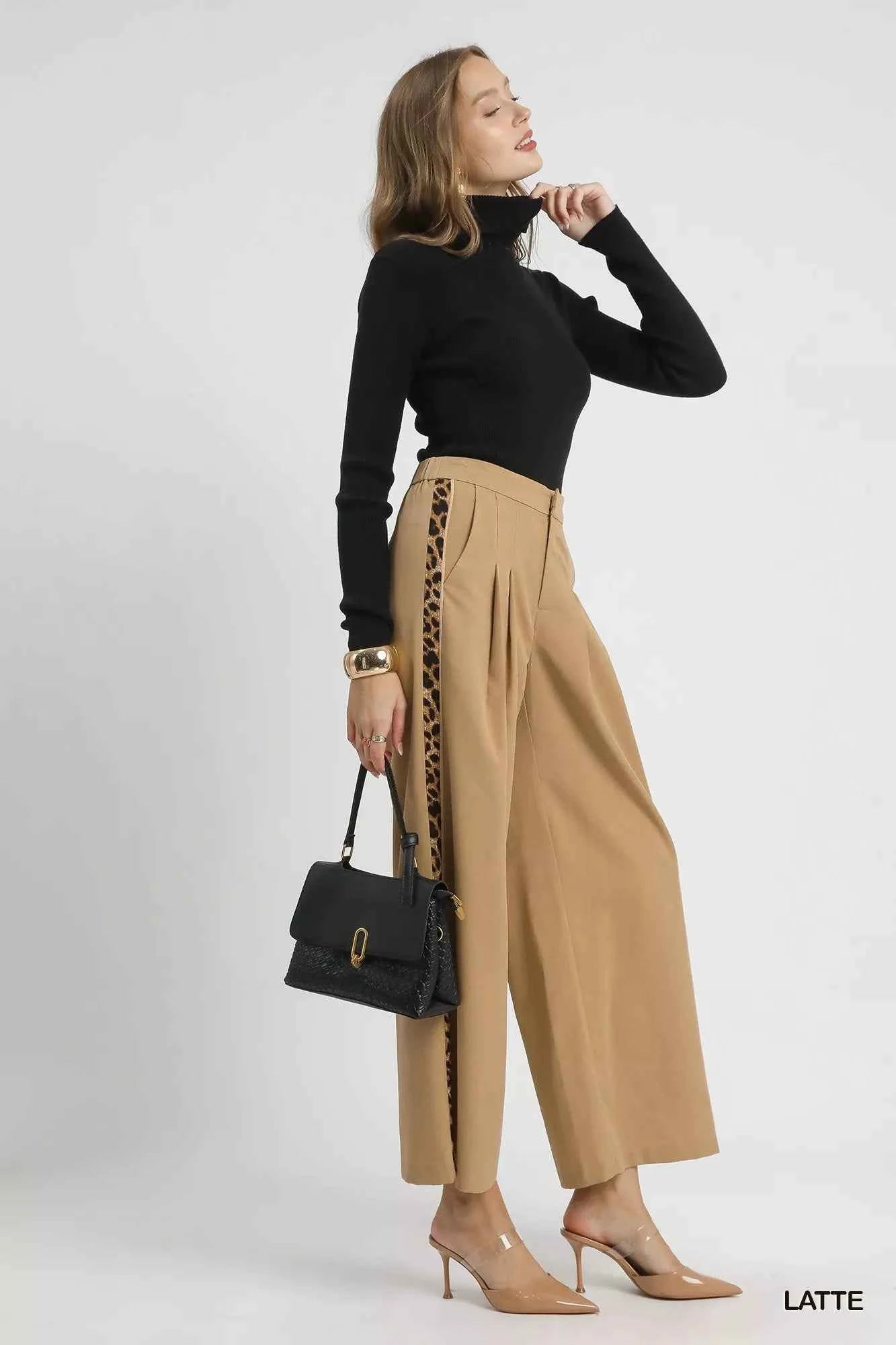 Umgee Front Pleated Wide-Leg Pants with Contrast Trim