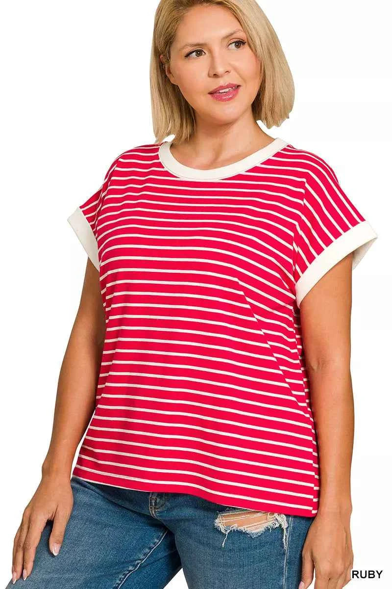 Zenana Full Size Contrast Trim Cap Sleeve Stripe Tee Plus Size