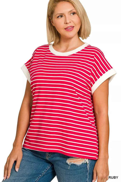 Zenana Full Size Contrast Trim Cap Sleeve Stripe Tee Plus Size