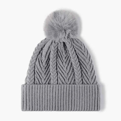 Cable Knit Solid Color Hat with Pompom