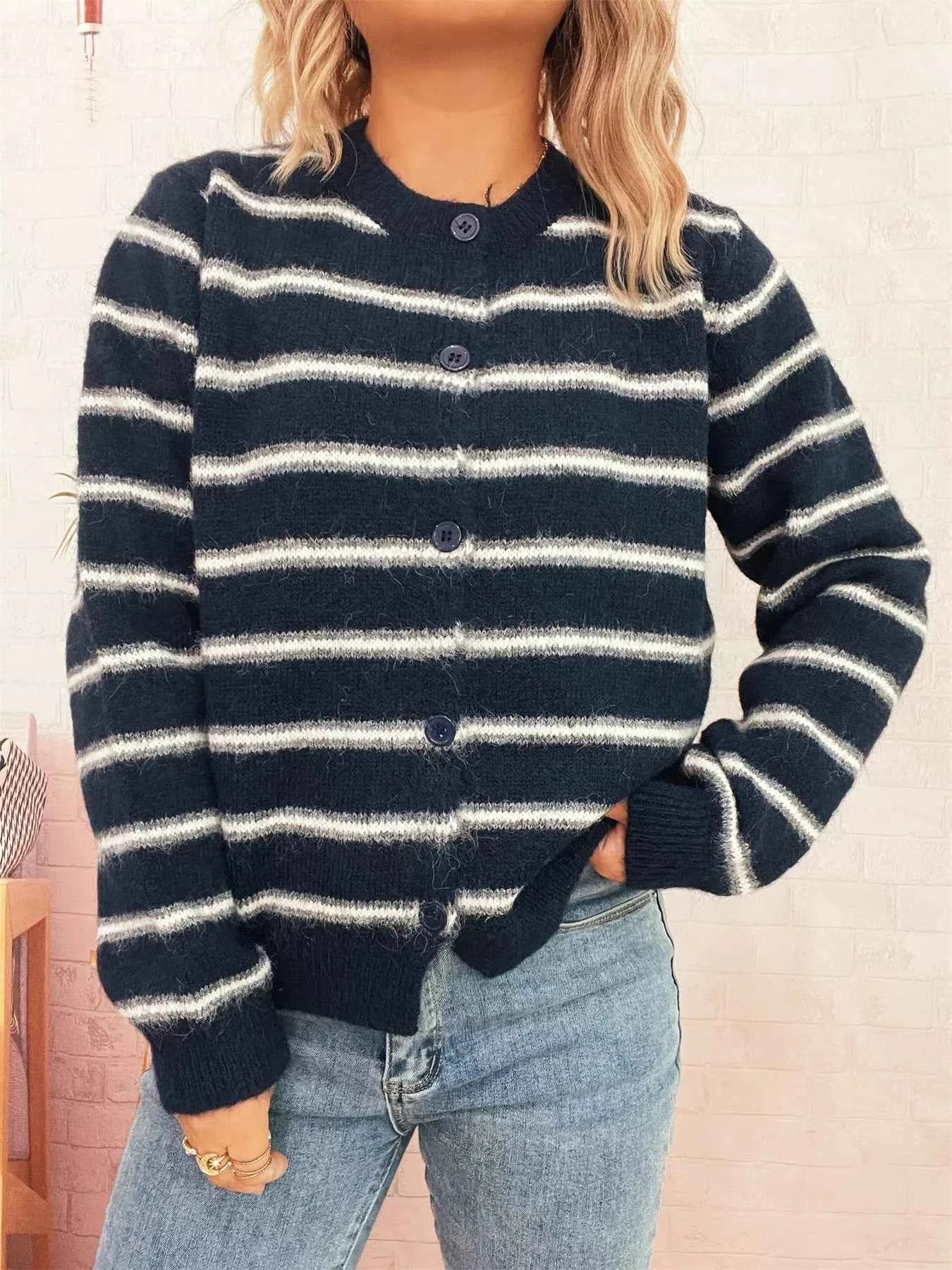 Striped Button-Up Long Sleeve Cardigan