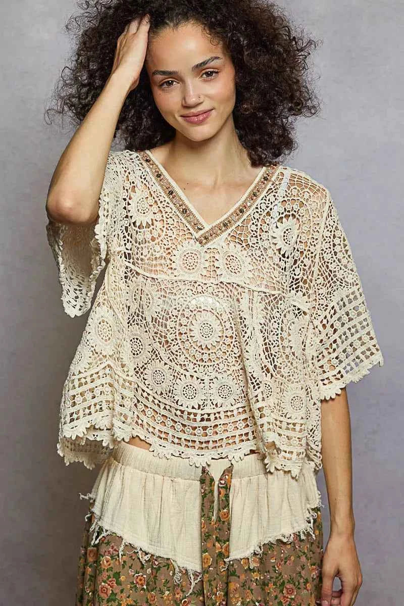 POL V-Neck Crochet Top with Scalloped Hem