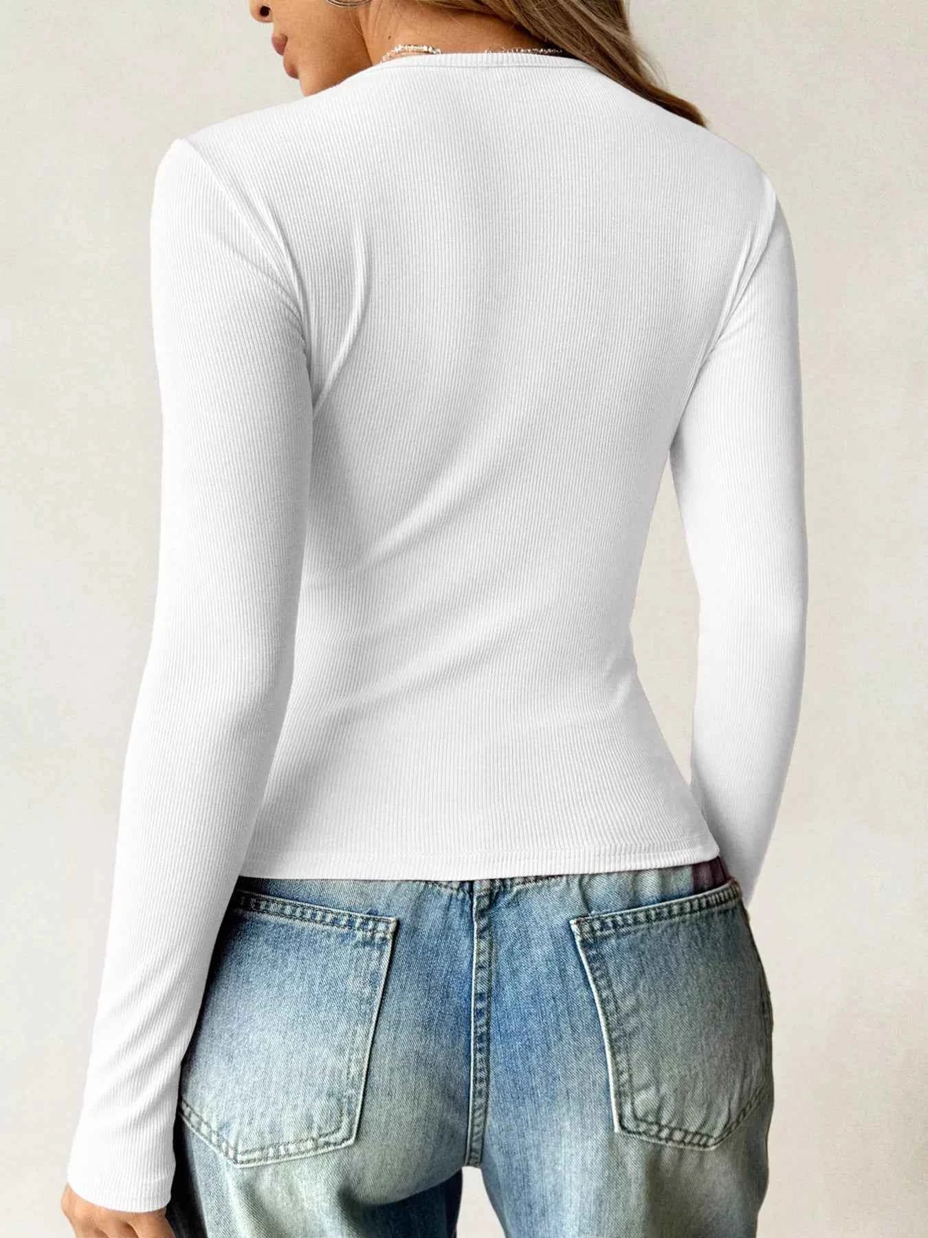 Ribbed Knit Long Sleeve Fitted T-Shirt