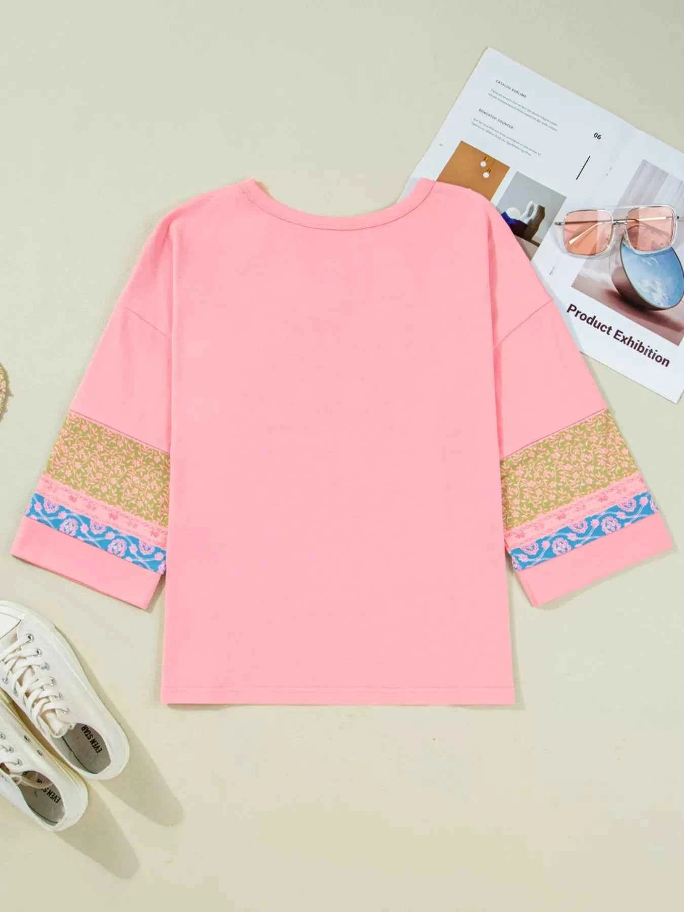 Floral Color Block Patchwork Long Sleeve Top
