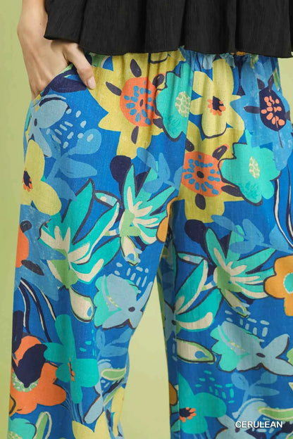 Umgee Floral Print Wide Leg Pants