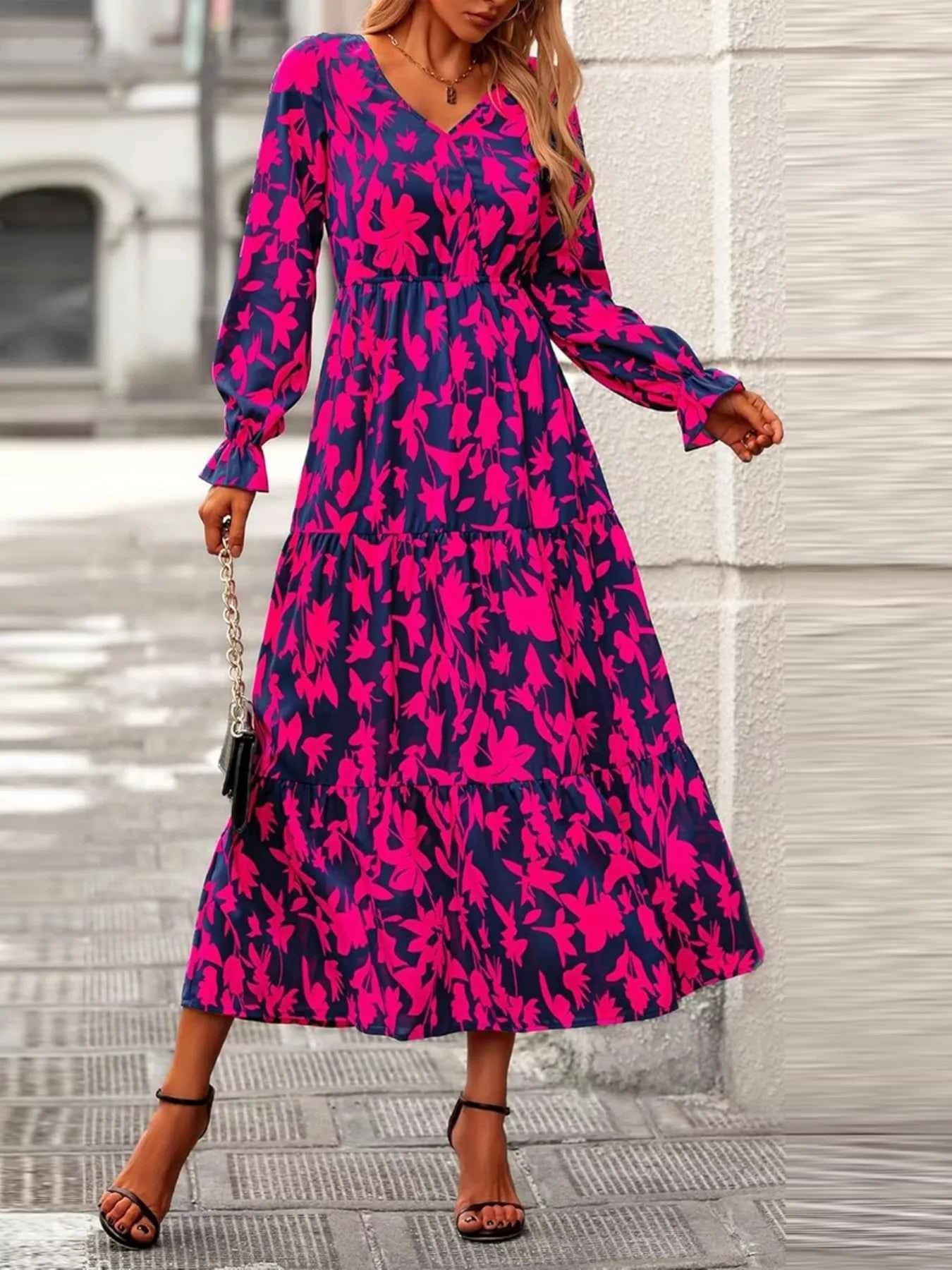 Printed V-Neck Flounce Sleeve Tiered Midi Dress
