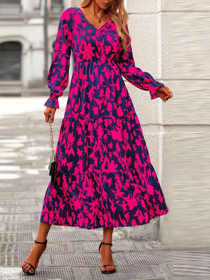 Printed V-Neck Flounce Sleeve Tiered Midi Dress
