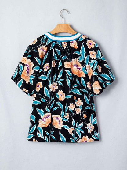 Floral Short Bubble Sleeve Buttoned Notched Neck Blouse