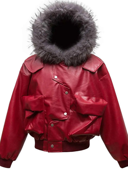 Men's Leather Bomber Jacket with Faux Fur Hood