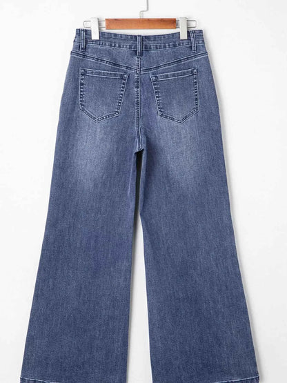 High Waist Button Zip Flare Leg Jeans