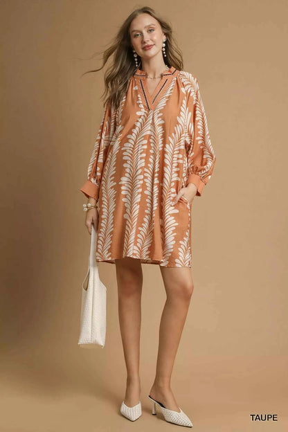 Umgee Leaf Print Notched Mini Babydoll Dress