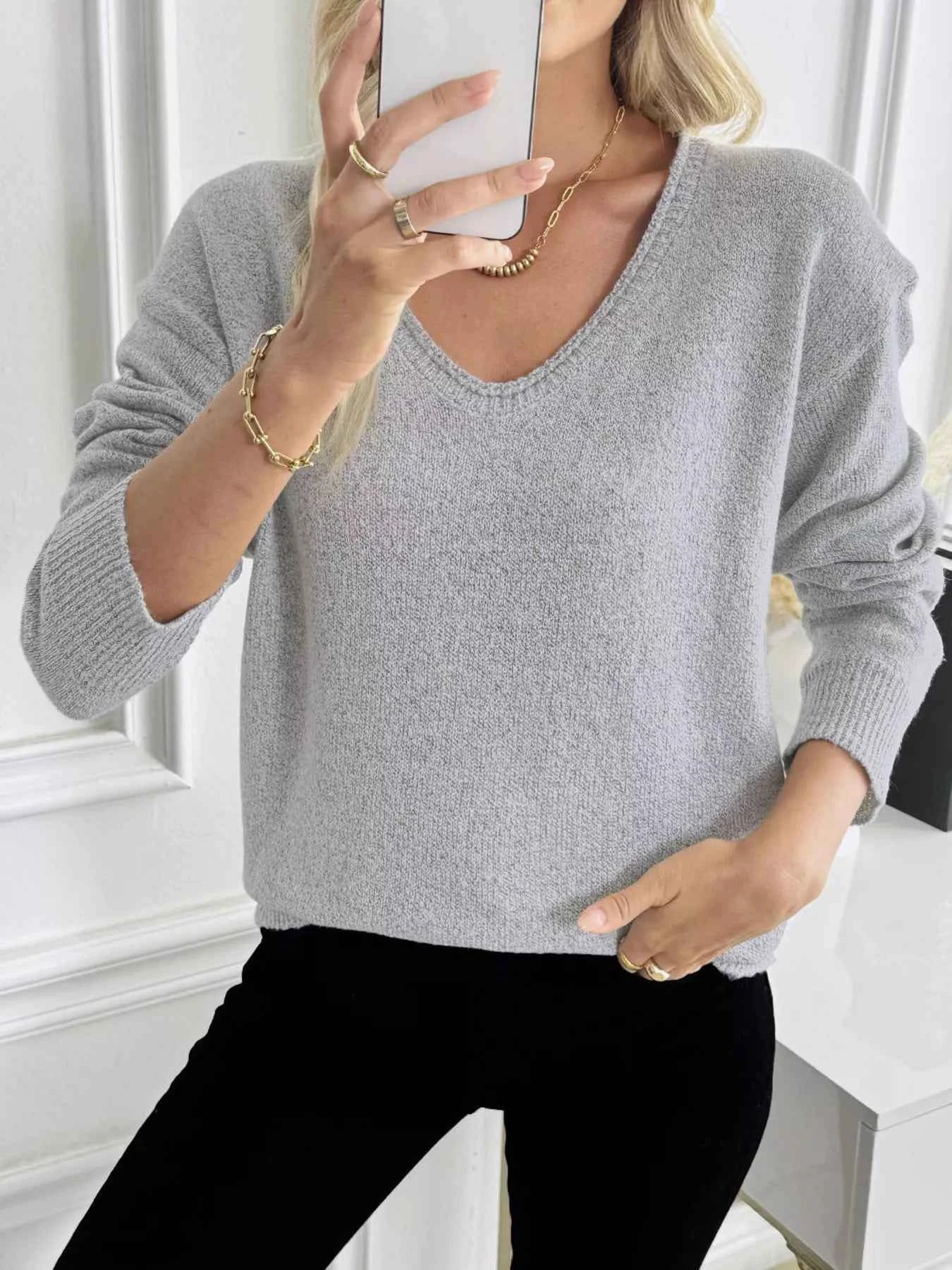 Casual V-Neck Drop Shoulder Sweater