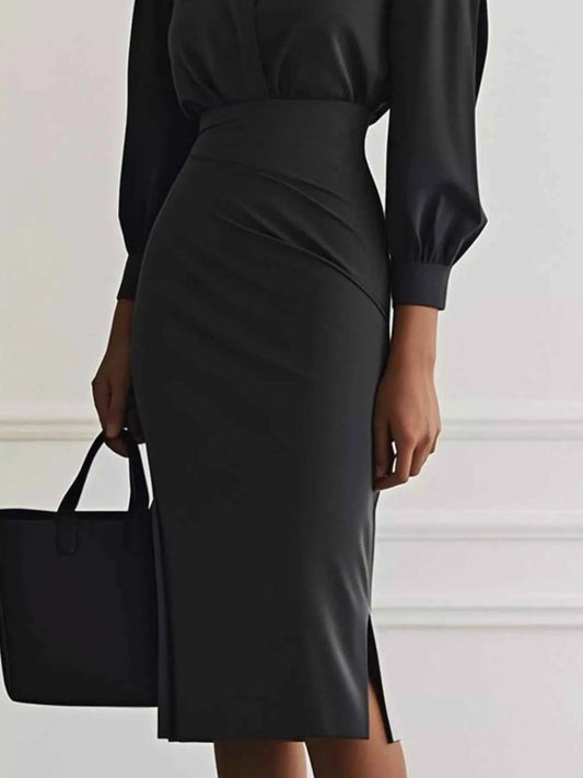 Ruched Midi Shirt Dress with Side Slit