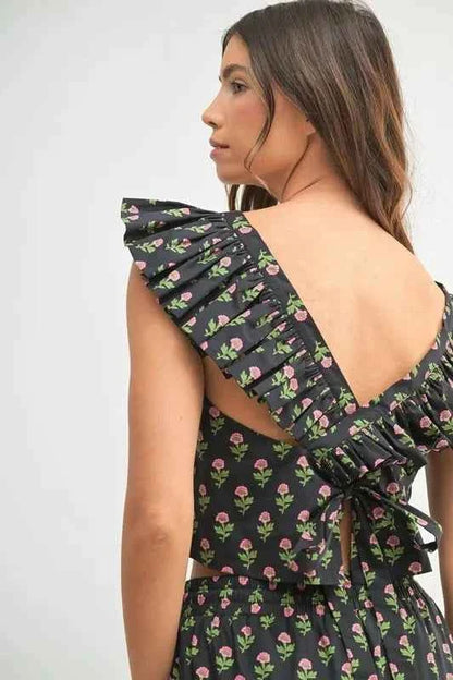 MABLE Floral Print Ruffle Top and Pants Set